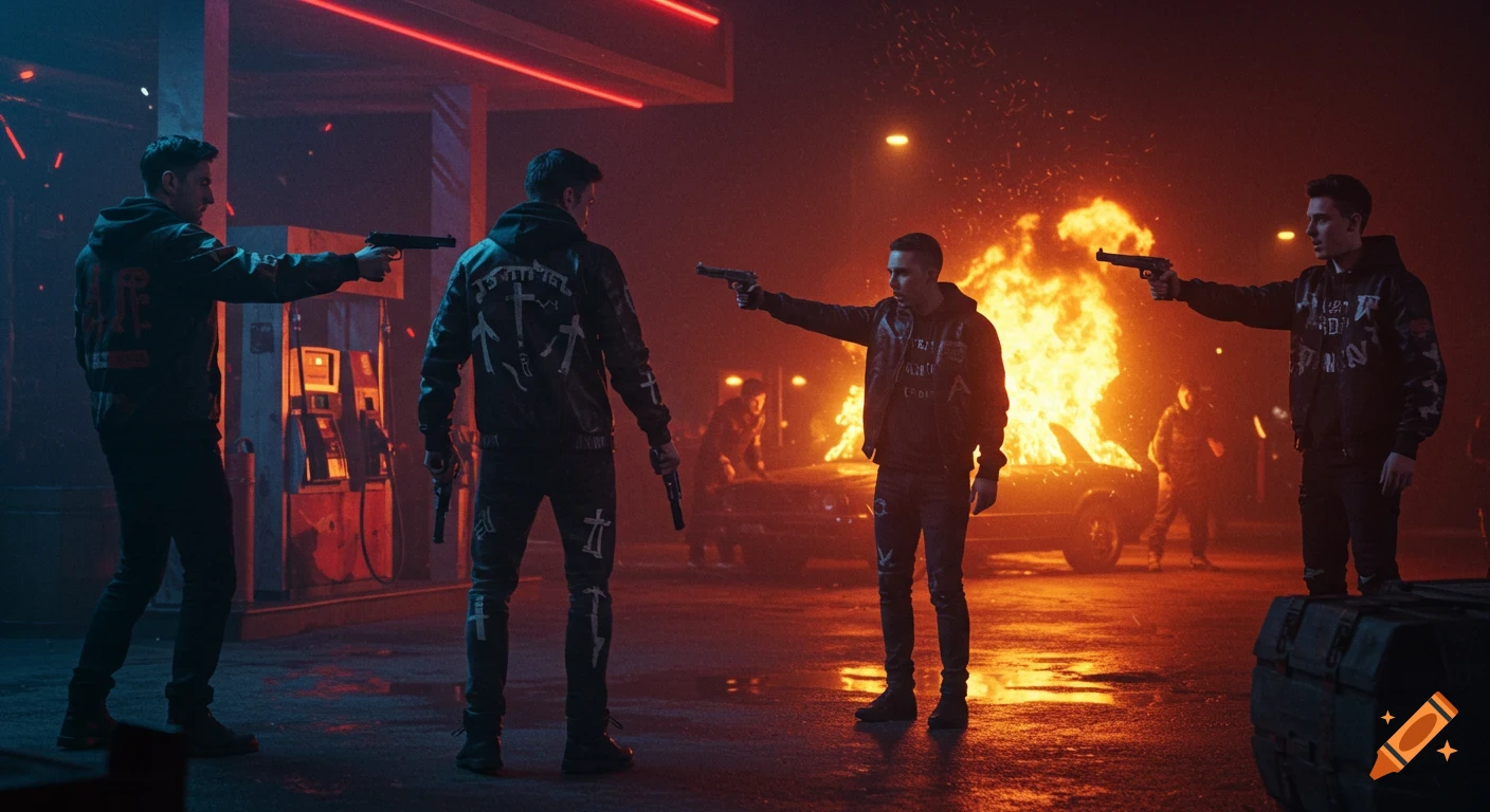 Four young men with guns at a neon-lit gas station, with a car ablaze in the background, depicting a violent confrontation scene.