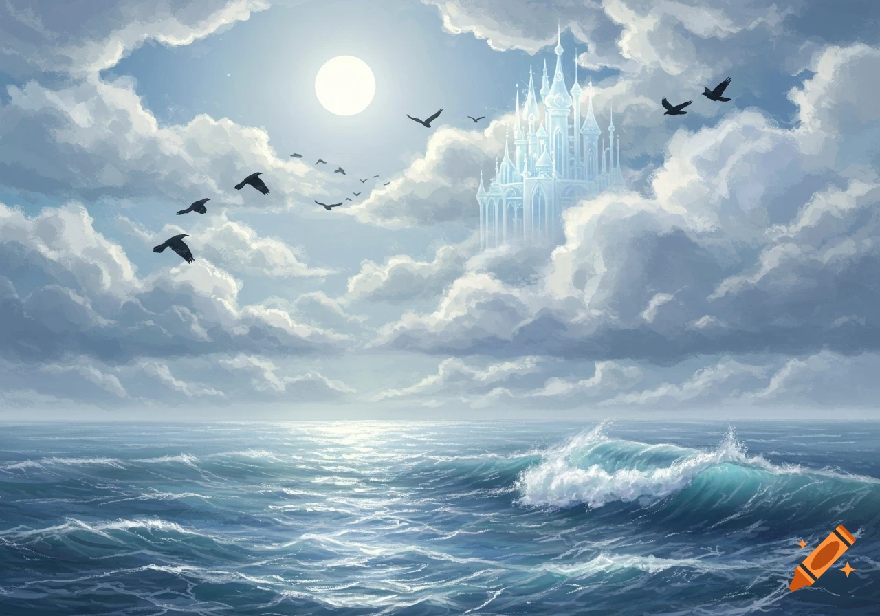 A dreamy moonlit seascape with stormy waves, several crows flying, and a magical translucent castle high in the clouds.