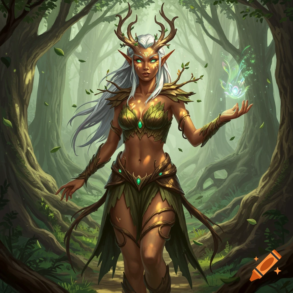 A female high elf druid with white hair and antlers stands in a misty forest, holding a glowing green magical entity.
