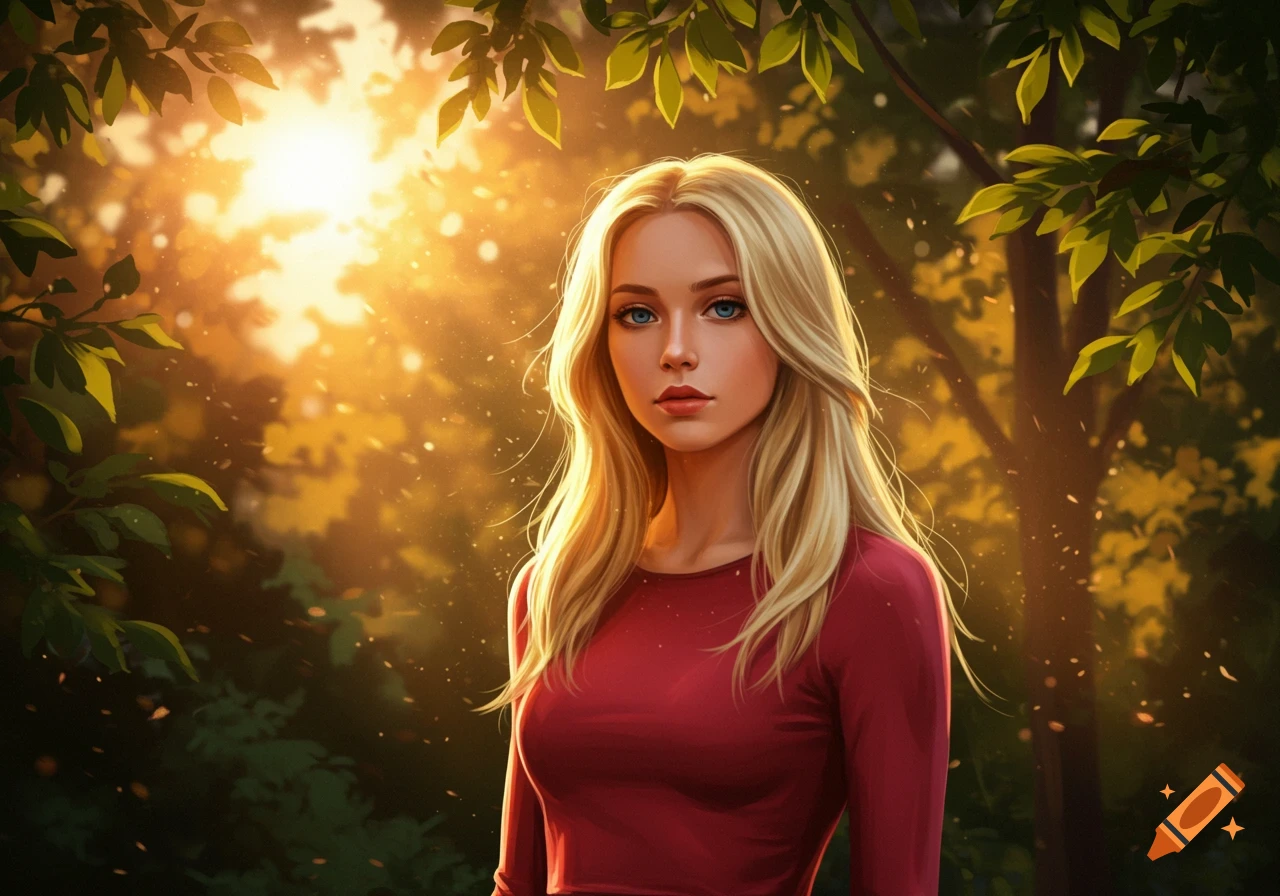 Digital art portrait of a blonde woman in a red top, standing in a sun-dappled forest.