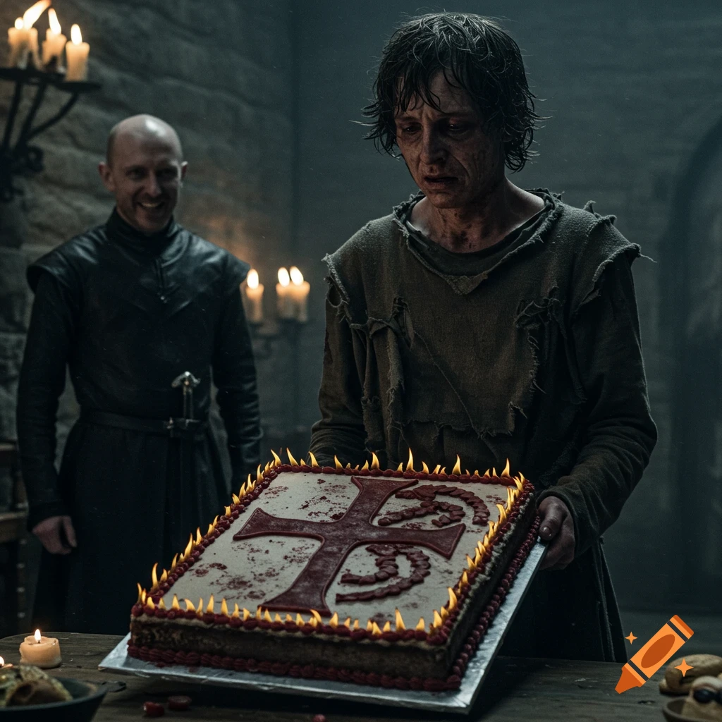 A disheveled man holds a large square cake adorned with a red cross and a twisted red symbol, surrounded by small flames. Another man smiles menacingly behind him in a dark, candlelit room.