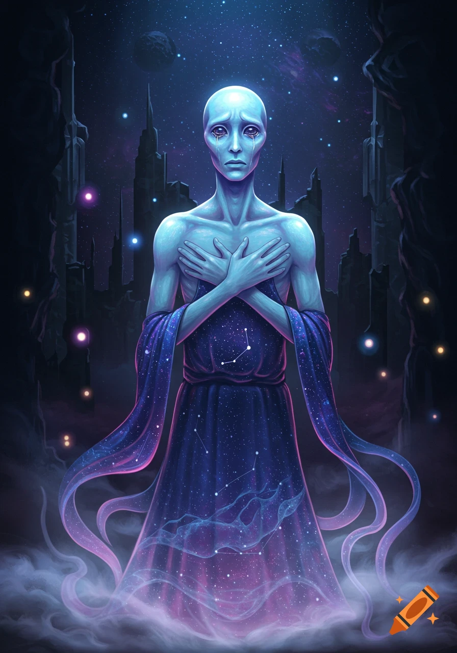 A pale blue alien with tears gripping its chest, wearing a dark starry robe, stands in a cosmic landscape with glowing mist and dark spires.