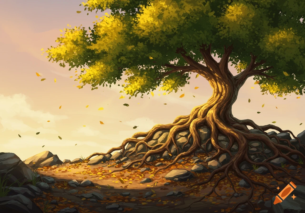 A stylized illustration of a large tree with prominent roots growing over rocks on a sunny, leaf-strewn hill, with a warm sky.