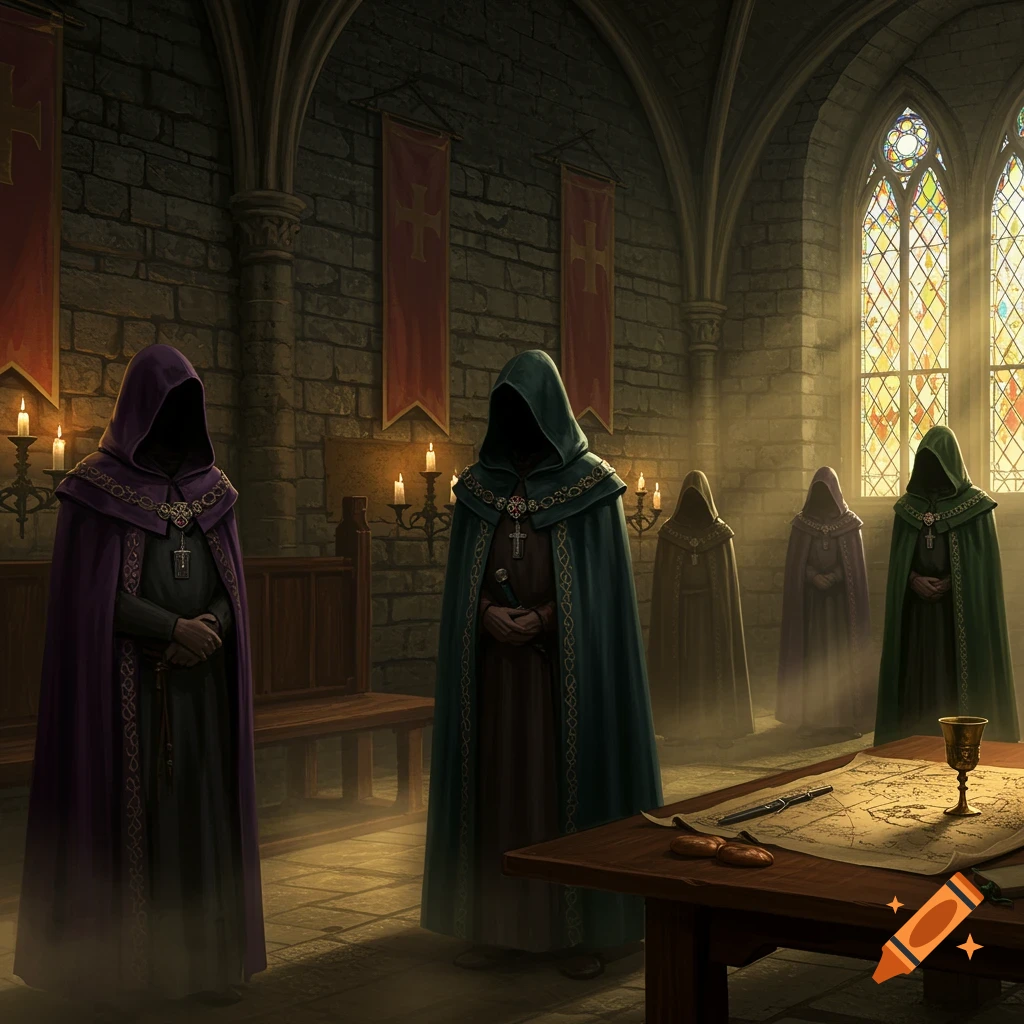 Hooded figures in cloaks stand in a dimly lit medieval hall with stained-glass windows and a map on a table.