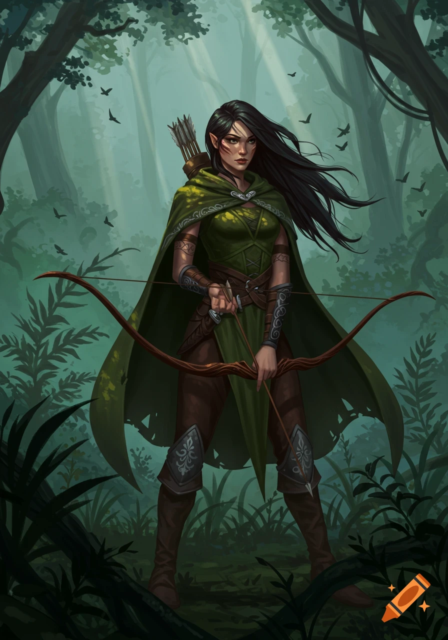 A dark-haired female elf archer in a green cape holds a bow in a sunlit forest.