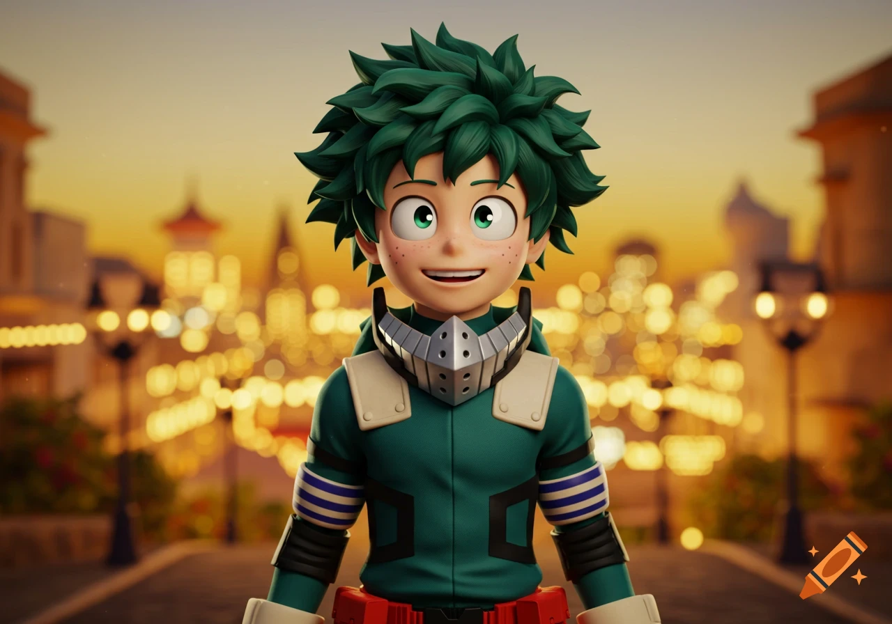 A 3D CGI illustration of Izuku Midoriya from My Hero Academia, set against a blurred, golden city backdrop at sunset.