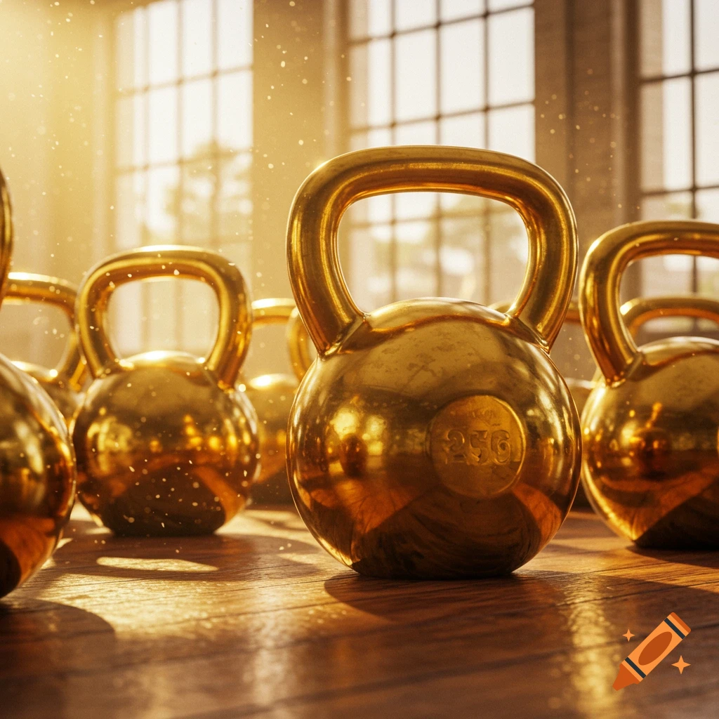 Several shiny gold kettlebells sit on a wooden floor in a sunlit room, photorealistic.