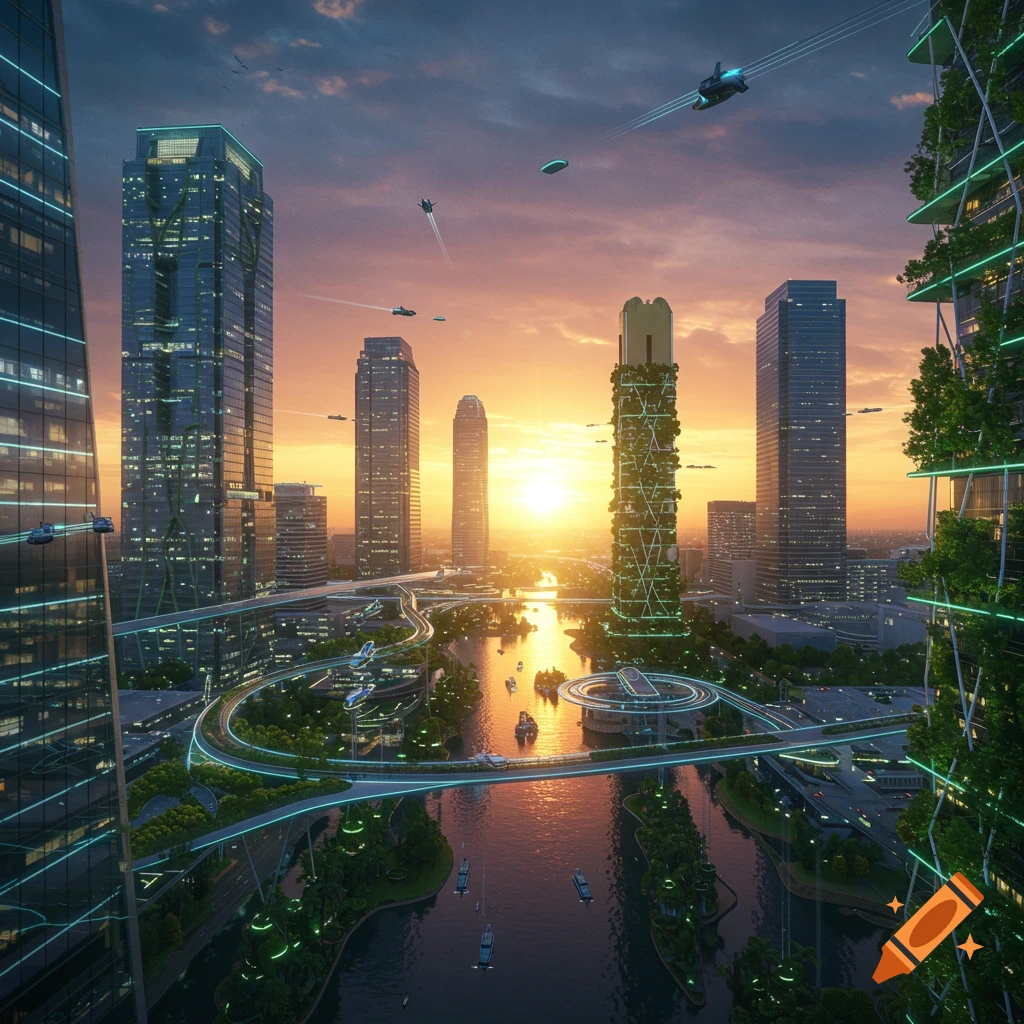 A futuristic city skyline at sunset, with tall green skyscrapers, glowing elevated highways, flying vehicles, and boats on a river.