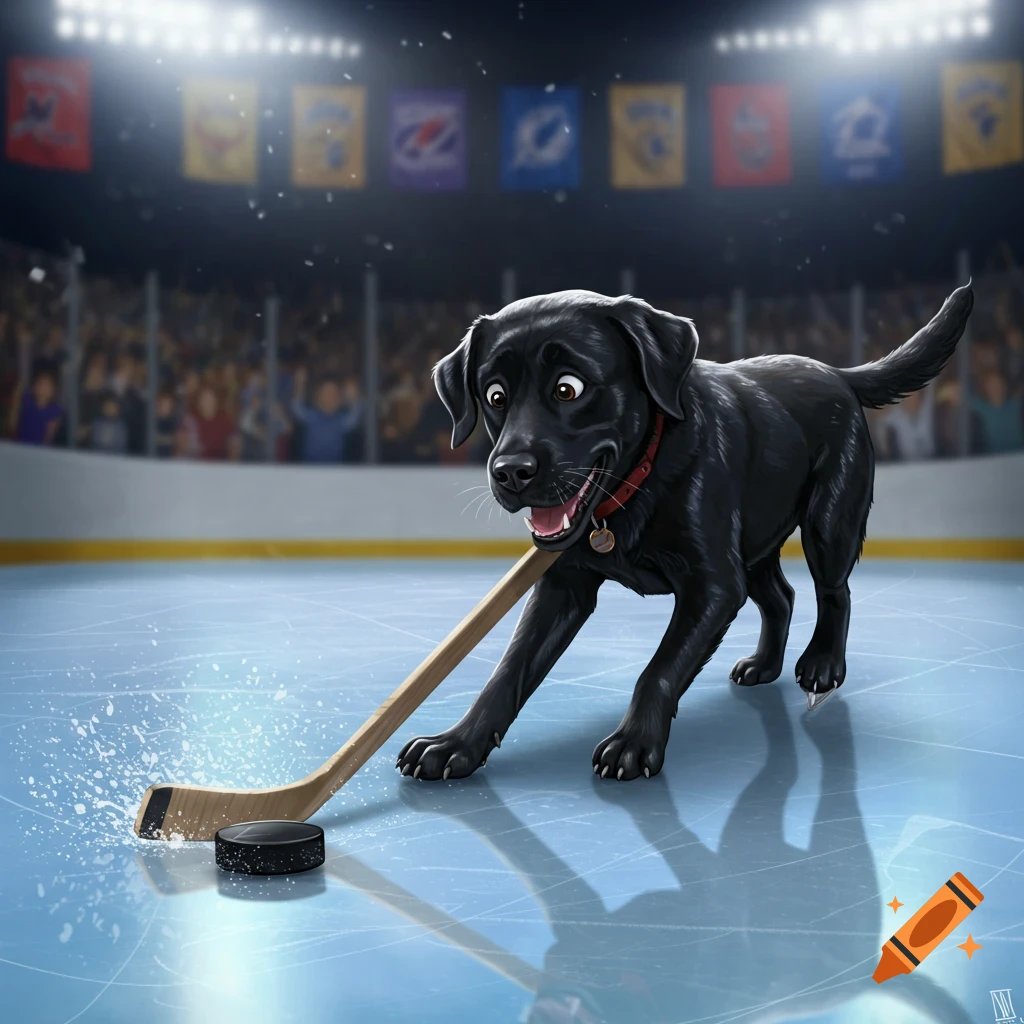 A happy black labrador dog on an ice hockey rink, batting a puck with a hockey stick, surrounded by ice spray in an arena.
