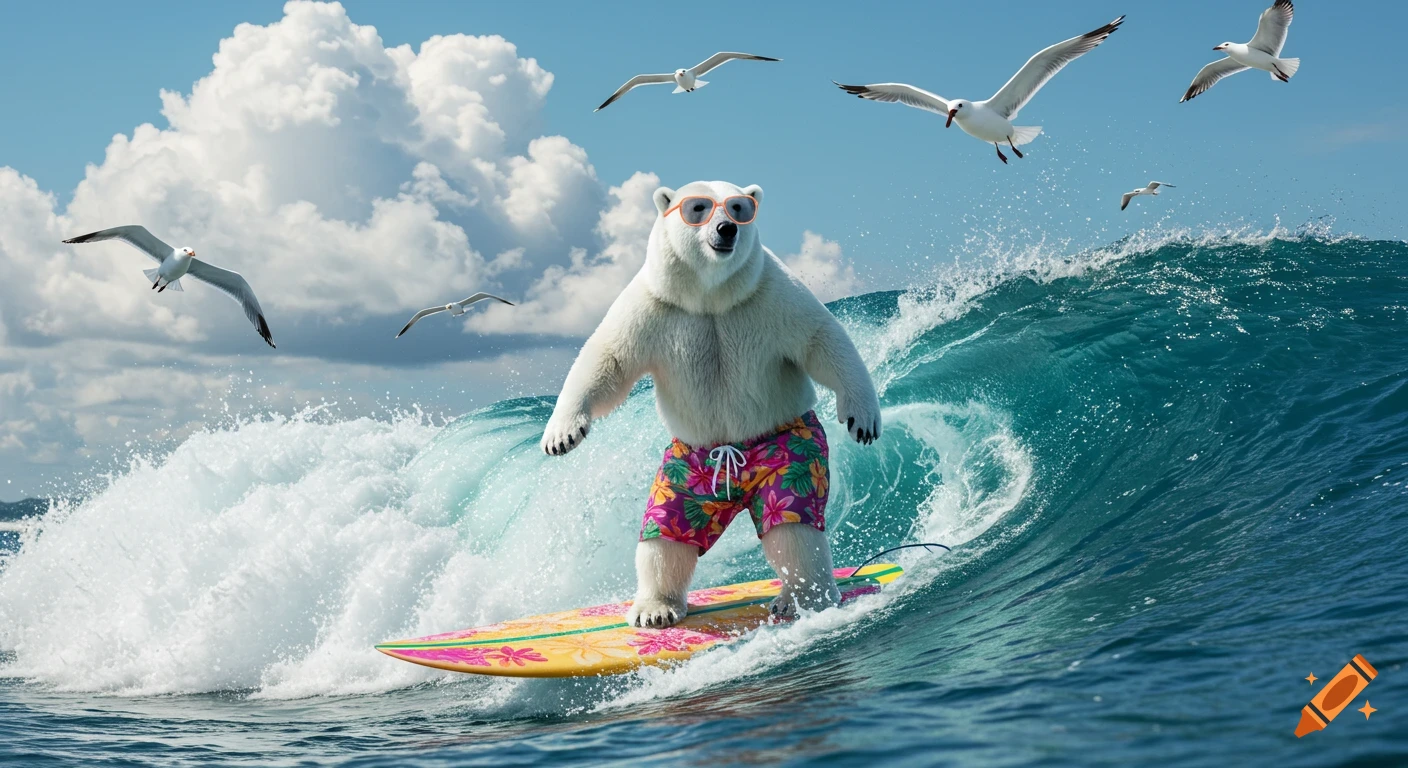 A polar bear in sunglasses and floral swim trunks surfs a large wave on a colorful surfboard, with seagulls flying under a cloudy sky.
