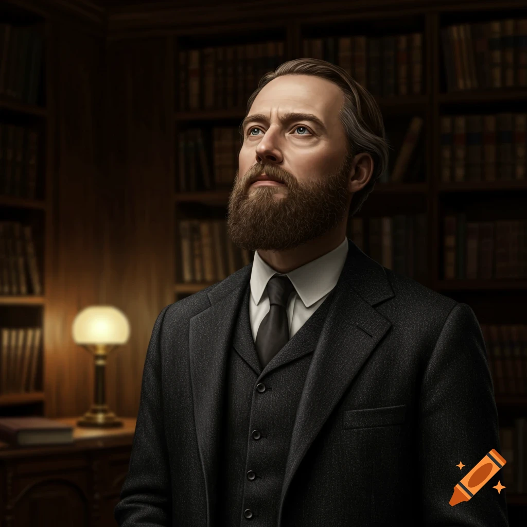 A photorealistic portrait of a bearded man in a dark suit looking up thoughtfully in a dimly lit library.