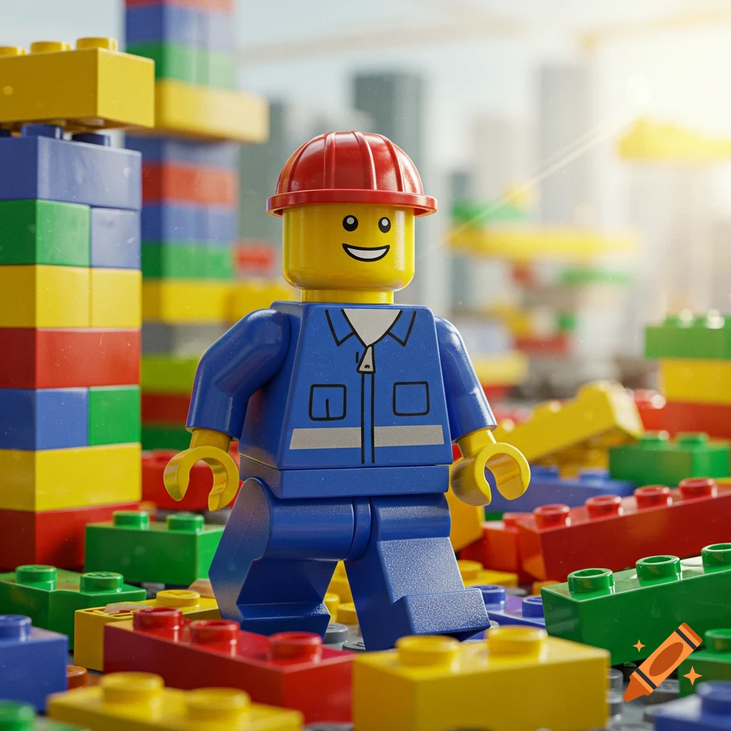 A photorealistic 3D render of a Lego construction worker minifigure with a red hard hat, standing among colorful Lego bricks.