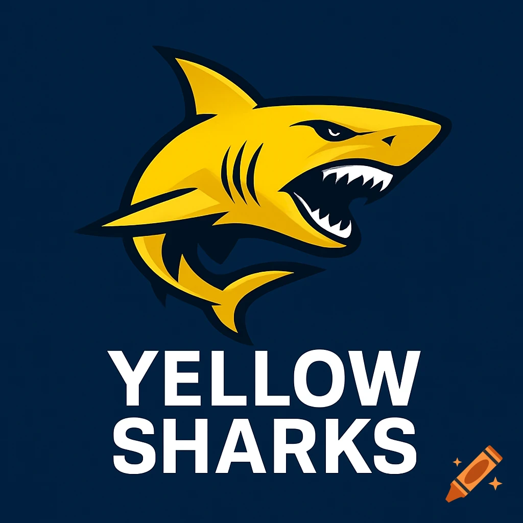 A professional-style logo featuring a fierce yellow shark with sharp teeth on a dark blue background, with the text 'YELLOW SHARKS' below.