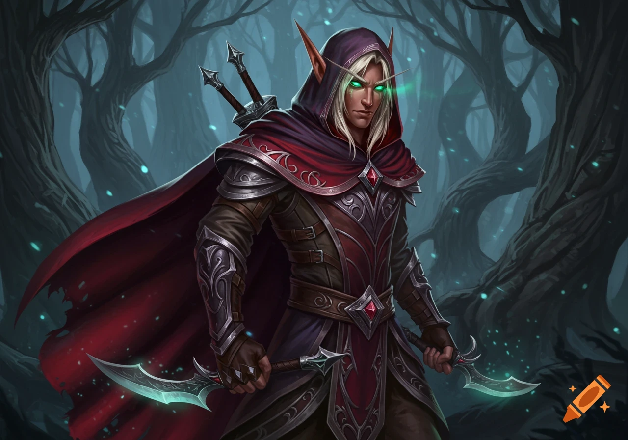 A male fantasy elf rogue with glowing green eyes, wearing red and dark armor, holding two daggers in a dark forest.