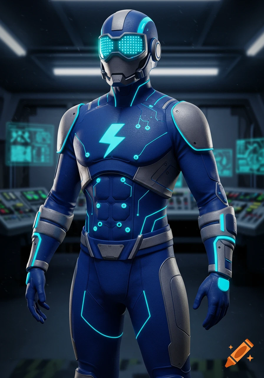 A person in a futuristic blue and gray superhero suit with glowing accents stands in a control room.