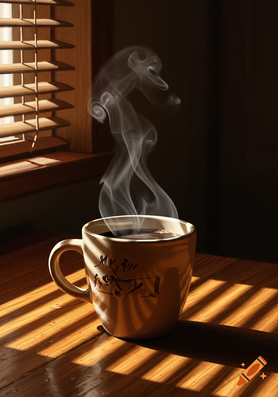 A steaming coffee cup sits on a sun-dappled wooden table next to window blinds.