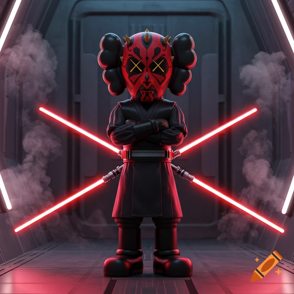 A Kaws-style Darth Maul figure with crossed red lightsabers stands in a futuristic, dark corridor.