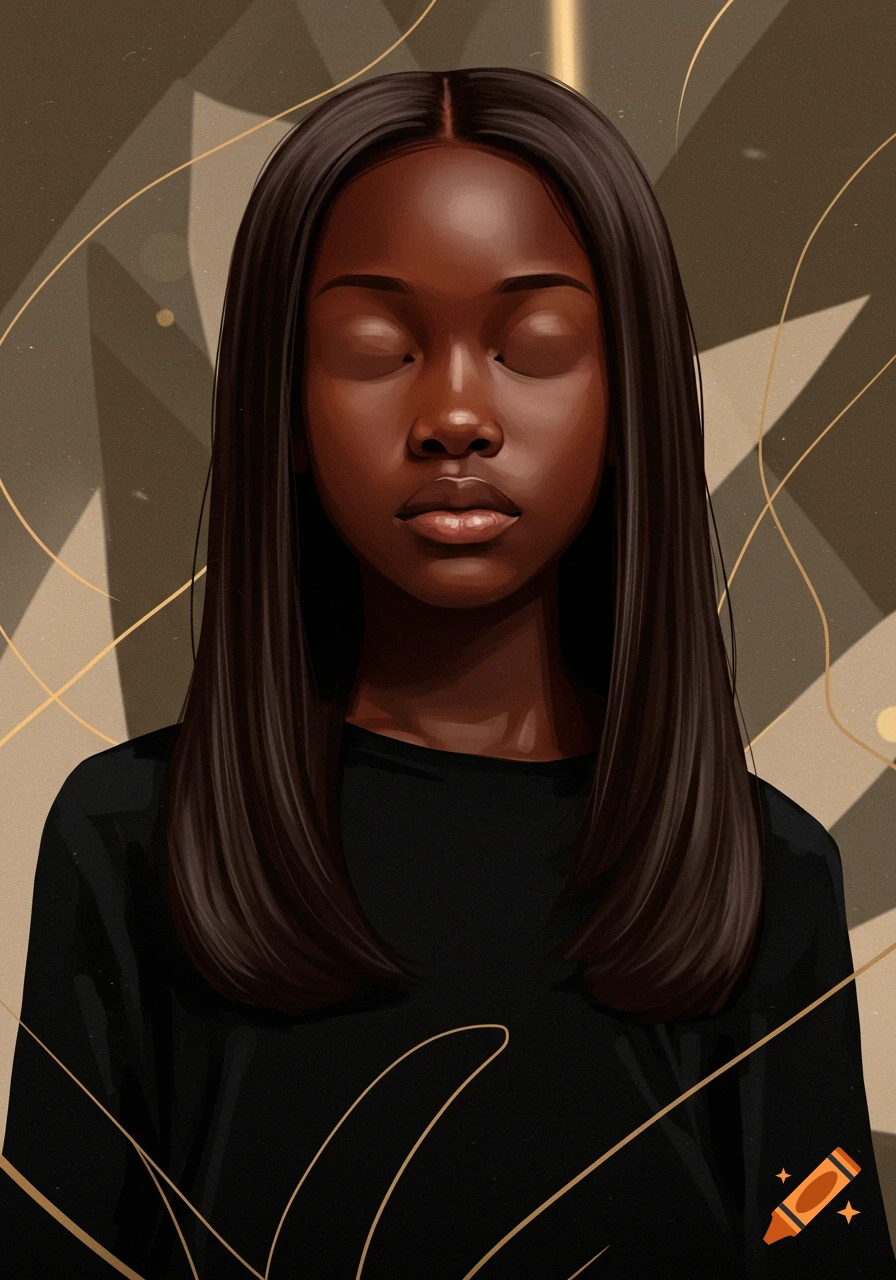 Stylized drawing of a brown-skinned girl with long dark hair, eyes closed, wearing a black shirt, against an abstract gold and brown background.