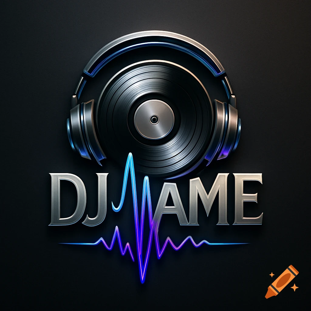 A metallic DJ logo featuring silver headphones, a vinyl record, a glowing blue and purple soundwave, and the text 'DJ AME' on a dark background.