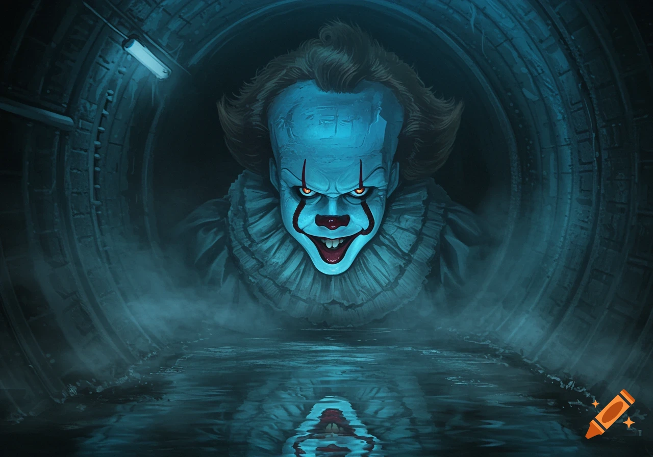 Pennywise the clown with red eyes and a wide smile, in a misty sewer pipe with reflections in water.