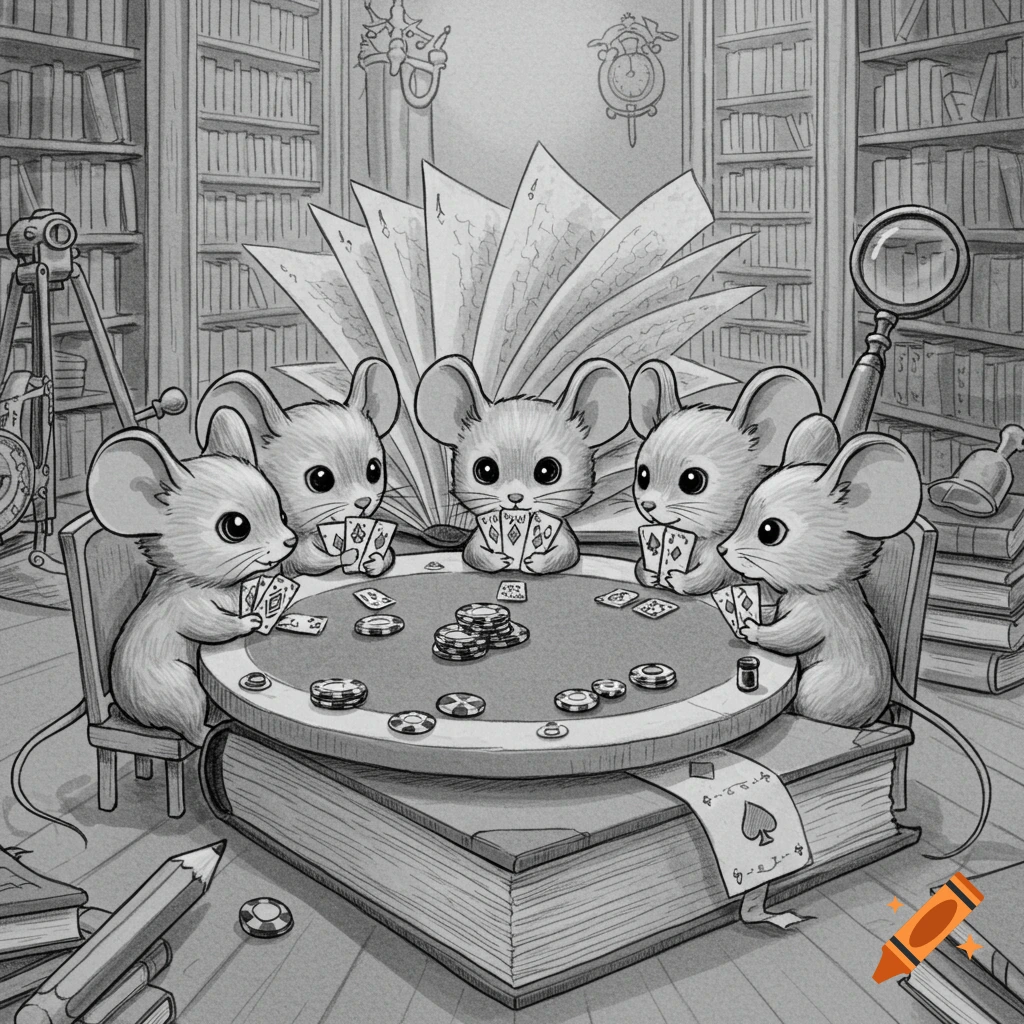 A black and white drawing of five cute mice playing poker on a book used as a table in a library setting with oversized human objects.