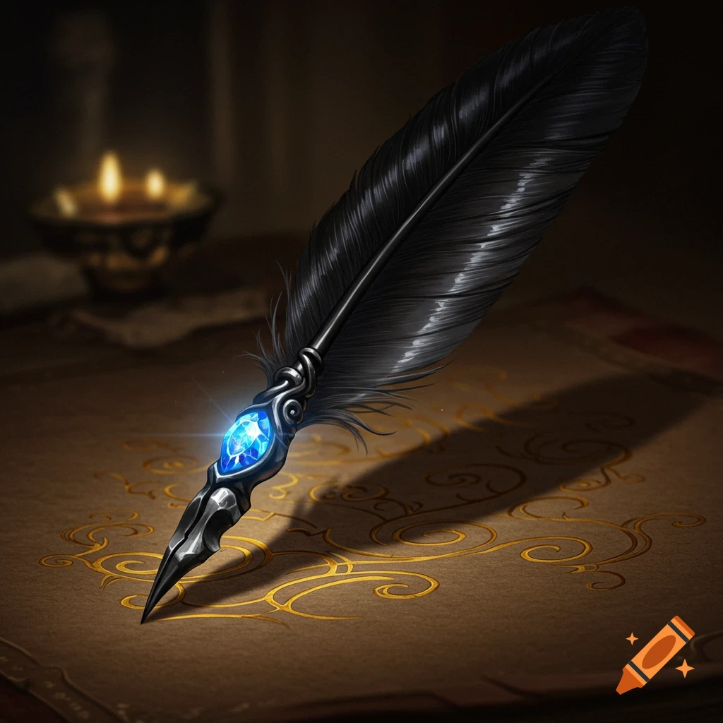A detailed black feather quill with a glowing blue sapphire gem, resting on old parchment with gold patterns.