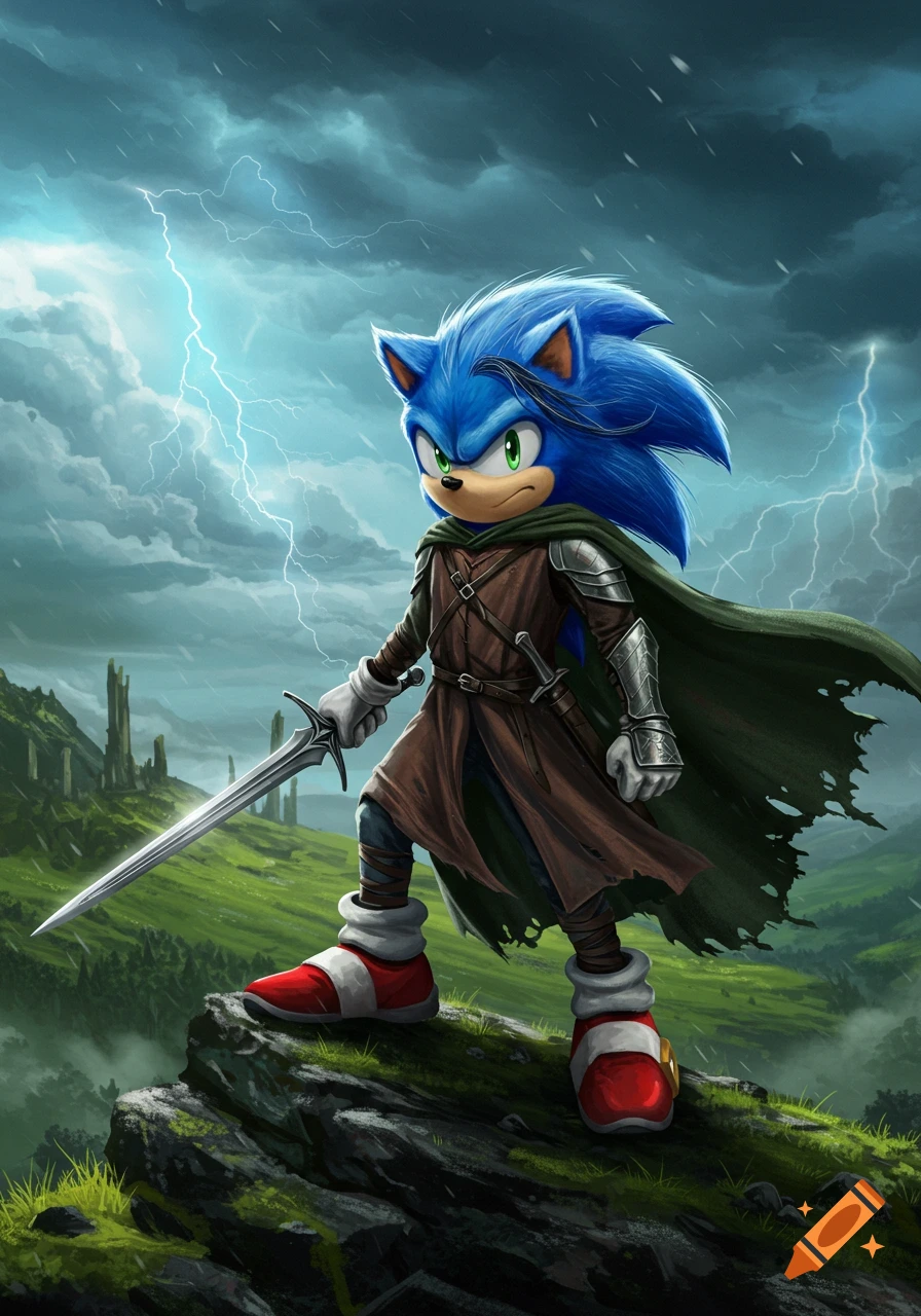 Sonic the Hedgehog dressed as Aragorn, holding a sword, stands on a rocky cliff overlooking a green, mountainous landscape under a stormy, lightning-filled sky. Digital art.