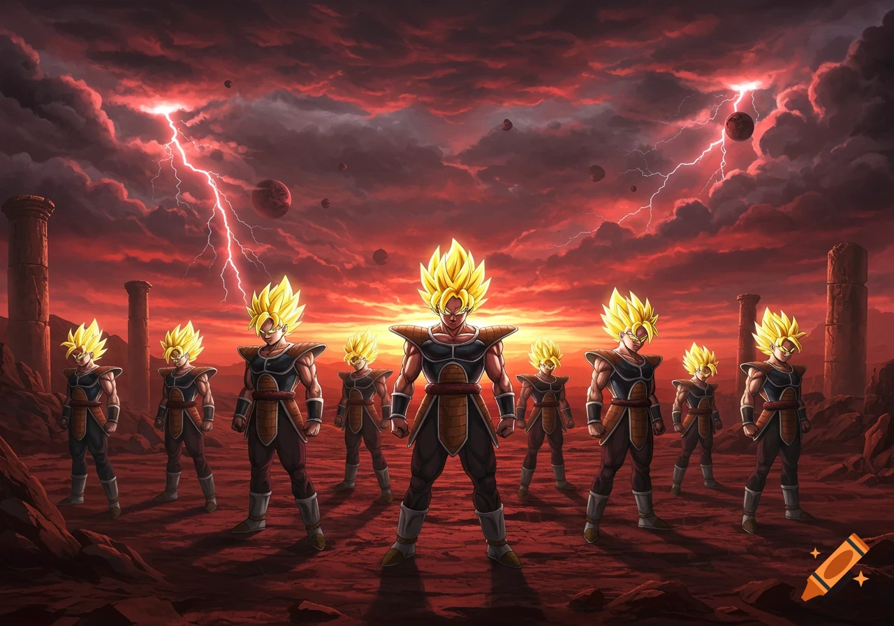 An army of golden-haired warriors resembling Super Saiyans stands in a desolate red landscape with lightning.