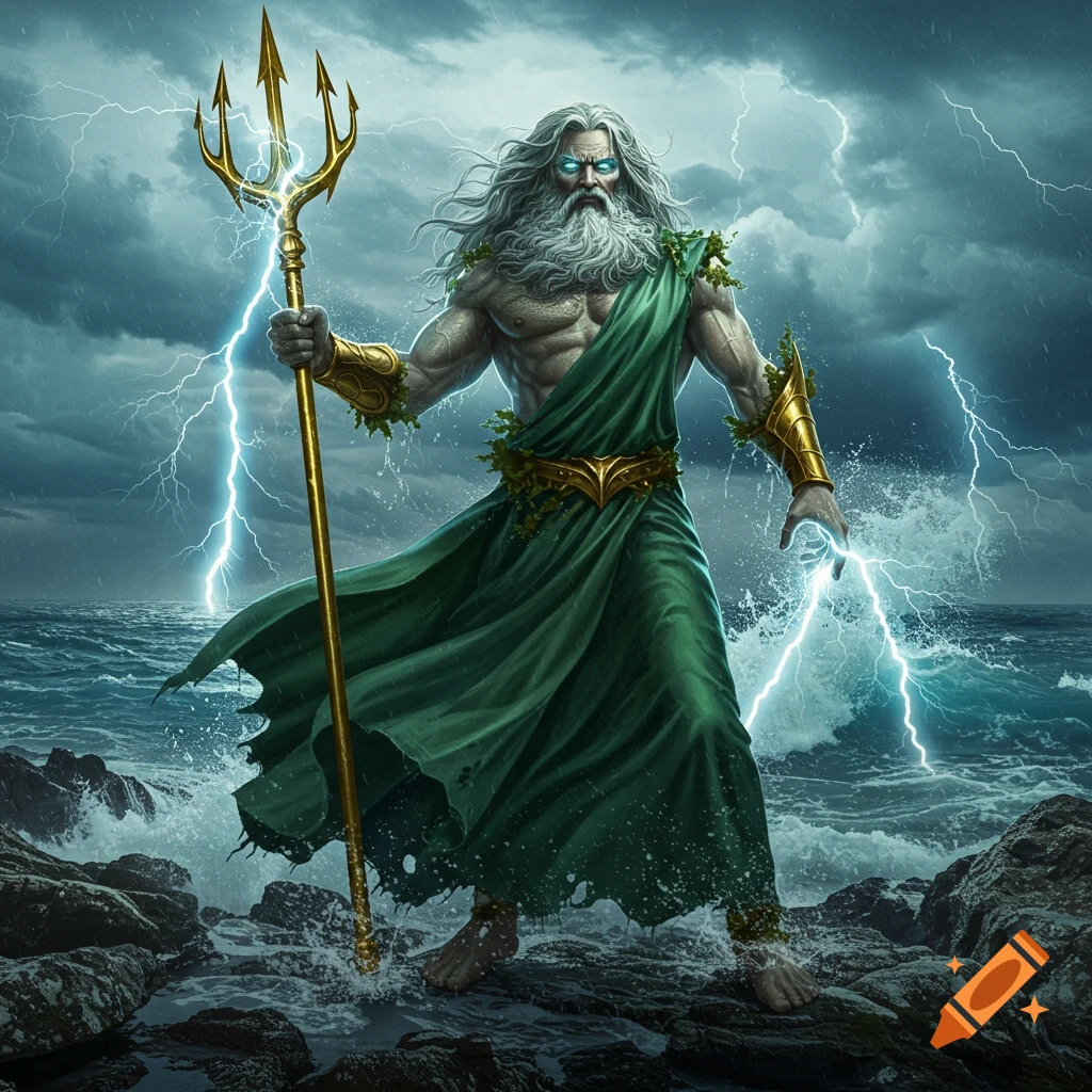 Hyperrealistic image of a powerful, bearded Poseidon in green robes, standing on a rocky shore with a trident, stormy sea and lightning.