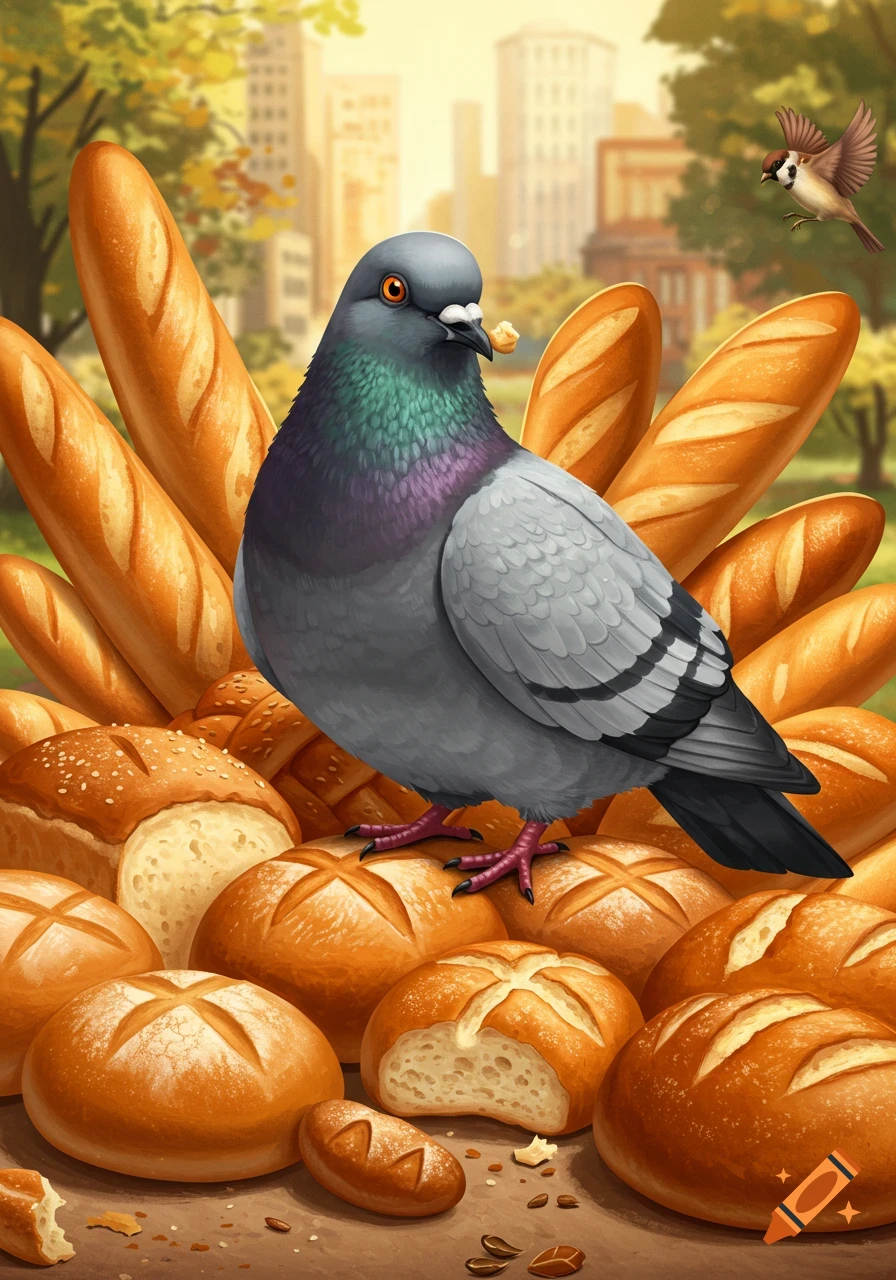 A large pigeon stands among many loaves of bread in a park with city buildings in the background.