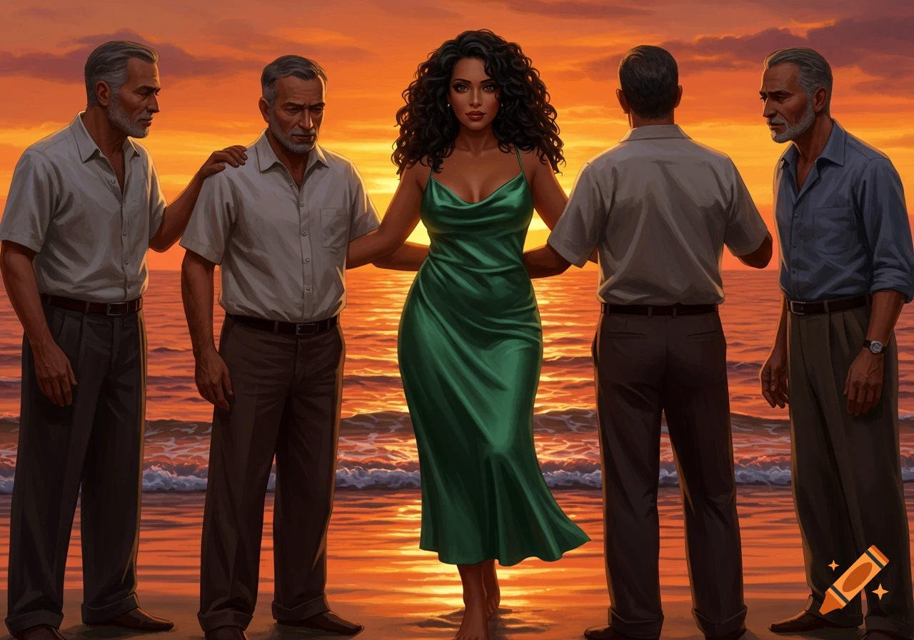 A woman with curly dark hair in a green satin dress stands on a beach at sunset, surrounded by four older men.
