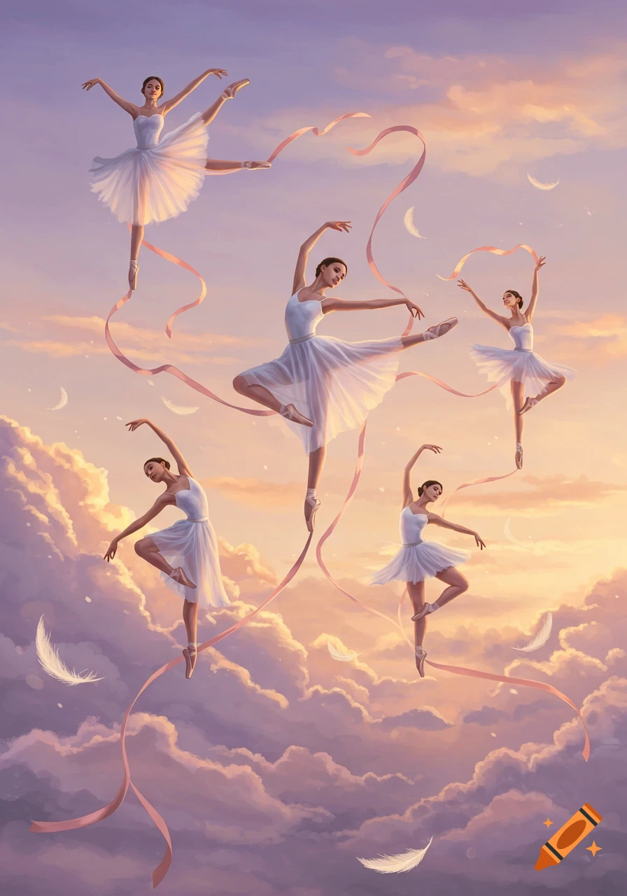 Multiple ballerinas in white tutus dance gracefully in a whimsical sunset sky with clouds, pink ribbons, and feathers.