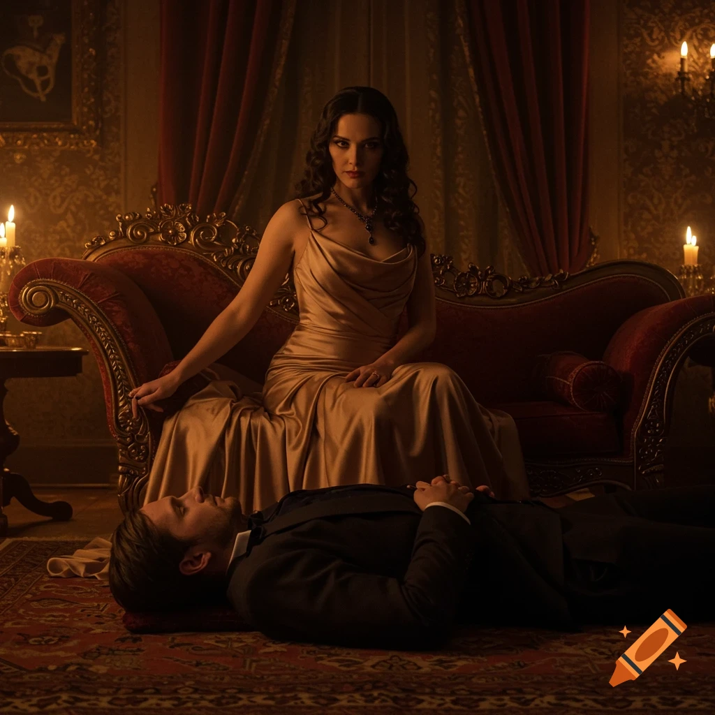 A woman in a gold dress sits on a red velvet sofa, looking at the viewer, while a man in a suit lies on the floor in a dimly lit, opulent room.