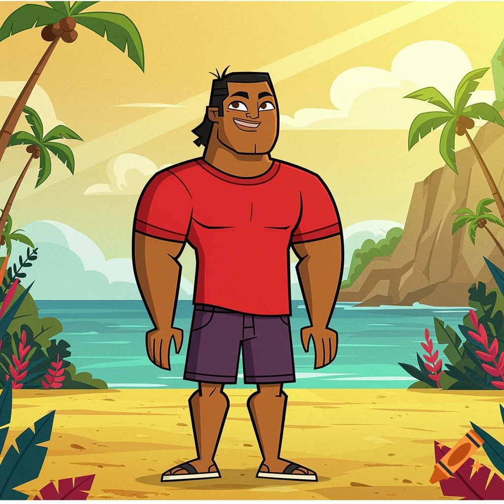 A cartoon man with dark skin and dark hair, wearing a red t-shirt and purple shorts, stands on a sandy beach with palm trees and an ocean in the background.