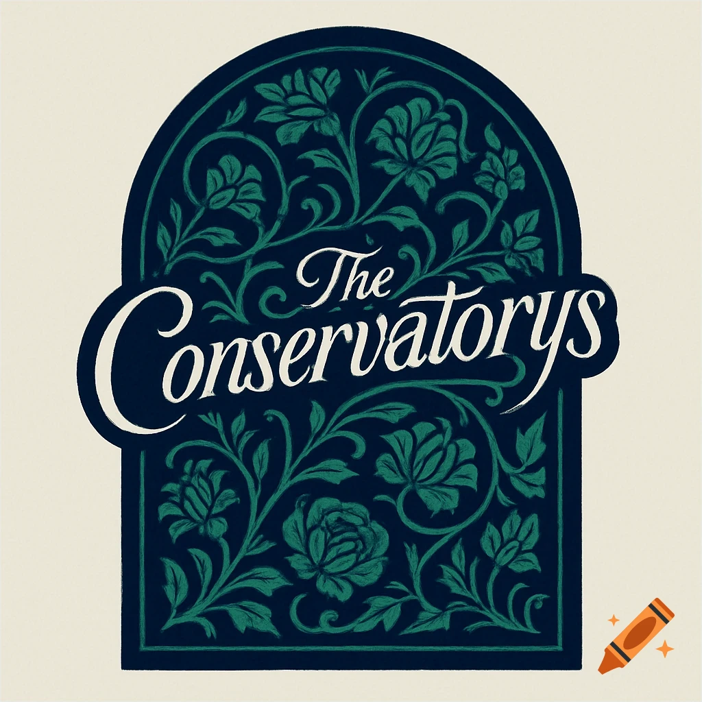 An ornate band logo for 'The Conservatorys' featuring white cursive text on a dark blue arched background with green floral patterns.