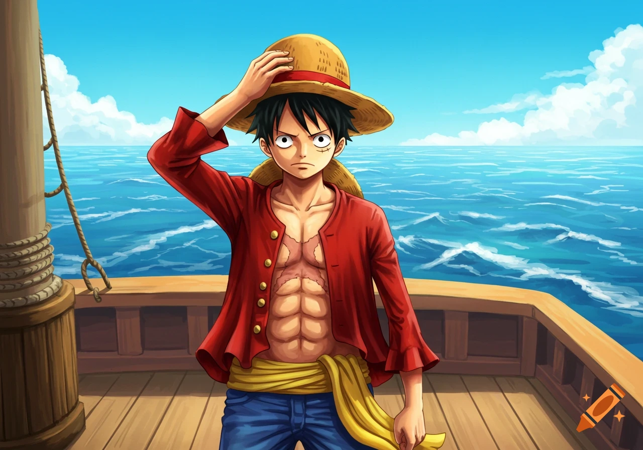 An anime character, Monkey D. Luffy, stands on the deck of a wooden ship, holding his straw hat, with the blue ocean and sky in the background.