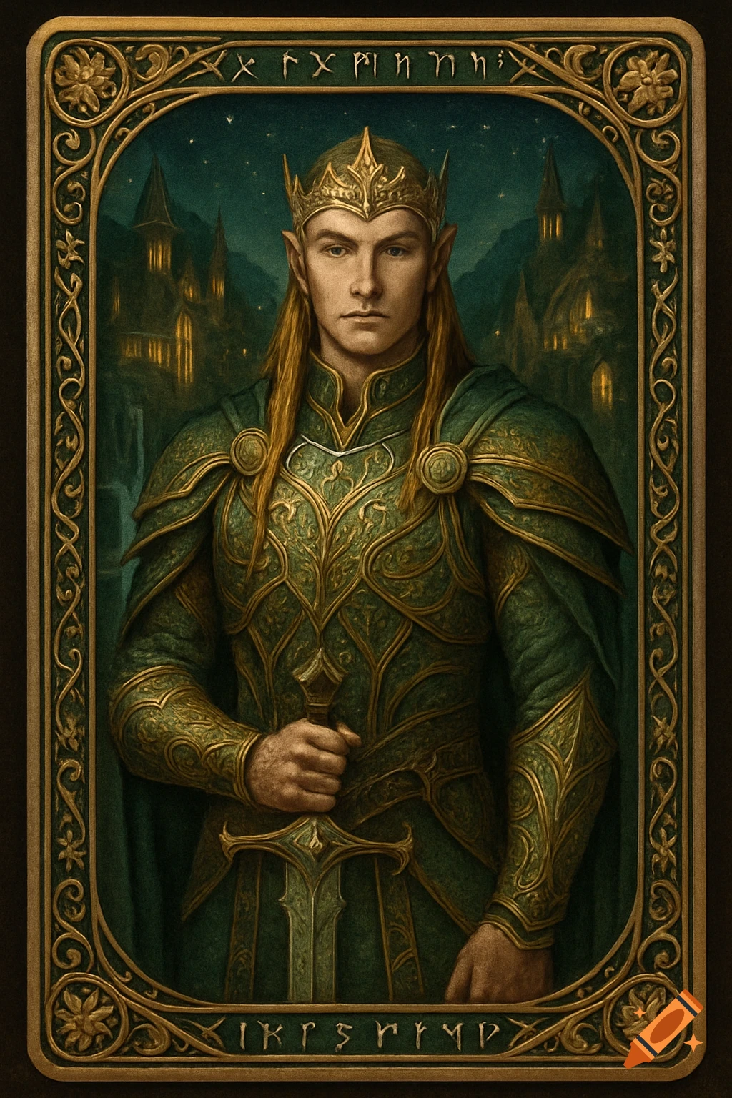 A portrait of a male elf in green and gold armor and a crown, holding a sword, within an ornate card frame.
