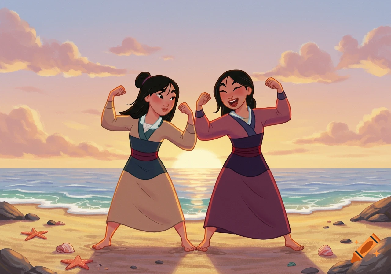 Cartoon of Mulan and her mother flexing muscles on a sandy beach at sunset.