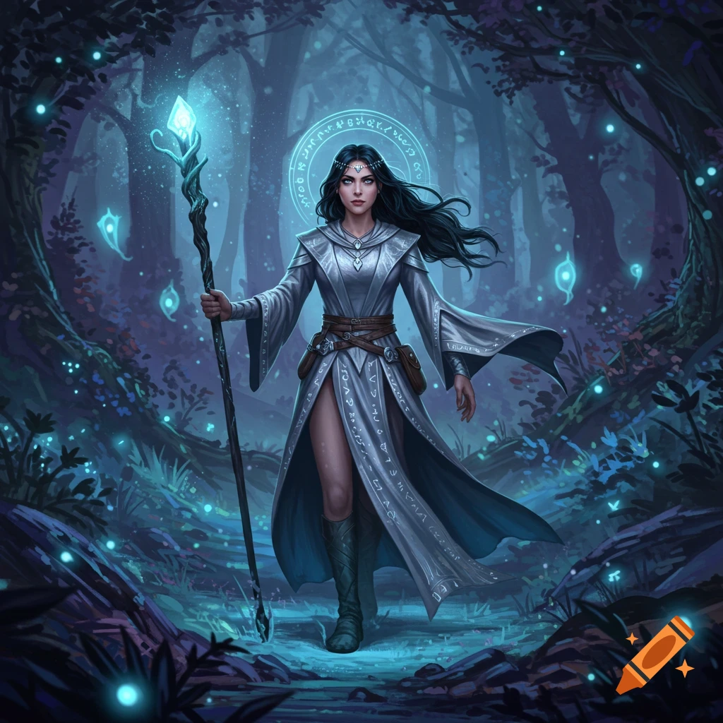 A female wizard in a grey robe with a glowing staff walks through an ethereal blue forest.