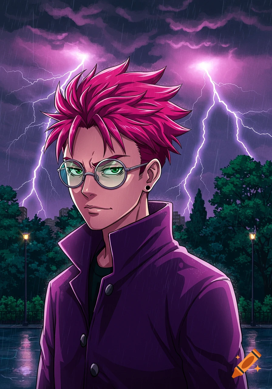 Anime character with pink hair and glasses in a purple coat stands in the rain with lightning striking a purple sky.