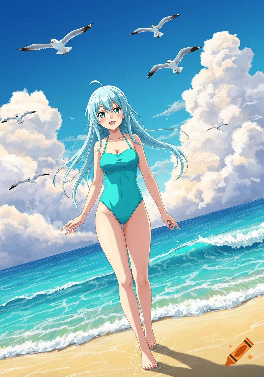 An anime girl with light blue hair in a teal swimsuit walks on a sandy beach next to the ocean under a blue sky with seagulls.