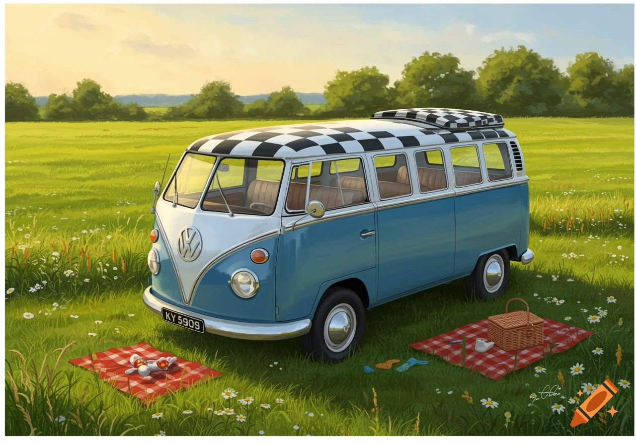 A blue and white VW Campervan with a checkered roof parked in a sunny green field with wildflowers and picnic blankets.