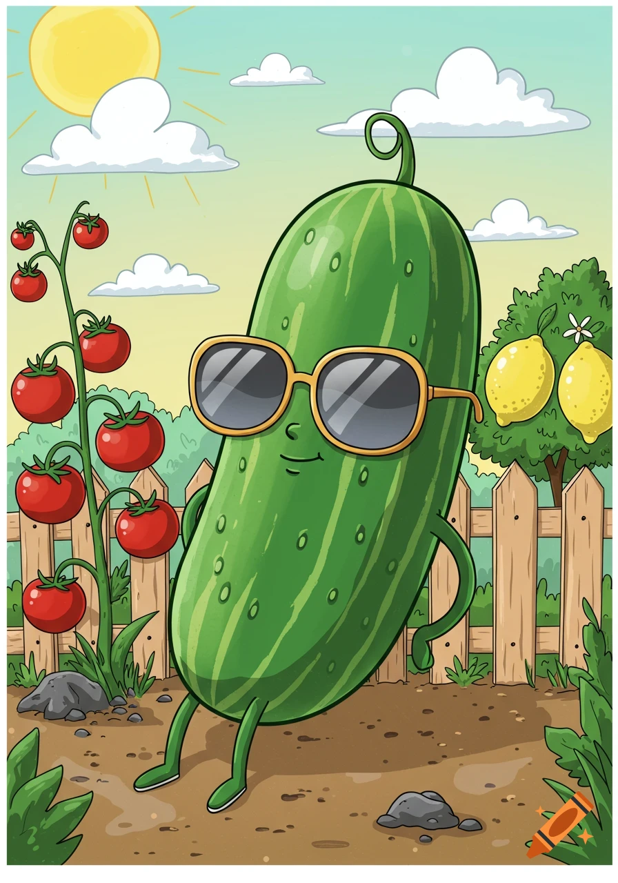 A cool cartoon cucumber wearing sunglasses stands in a sunny garden with tomato plants and lemons.