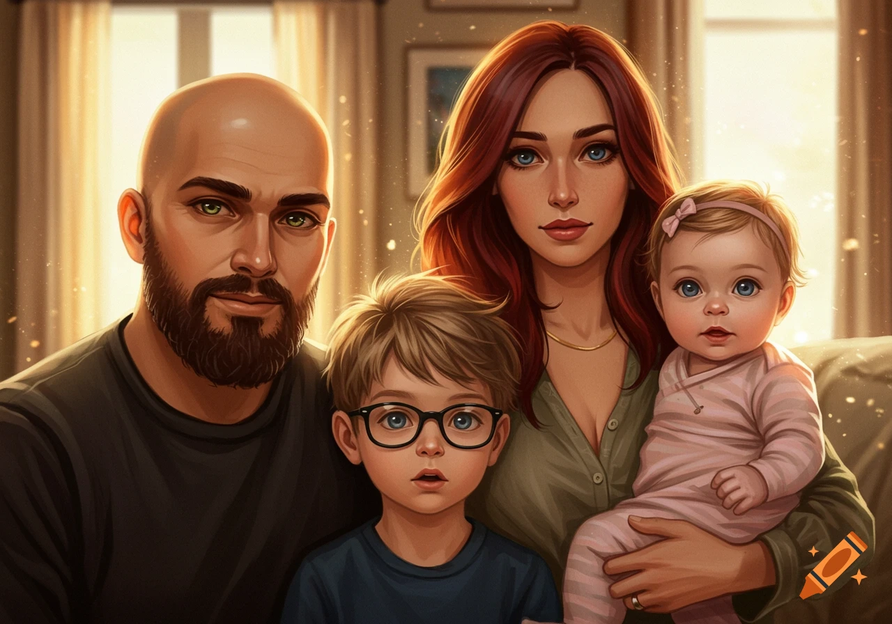 A digital art portrait of a family: a bald man, a woman with red hair, a boy with glasses, and a baby girl.