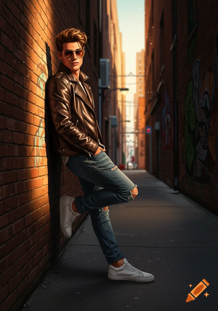 A stylish man in a brown leather jacket, ripped jeans, and sunglasses leans against a sunlit brick wall in an urban alleyway.