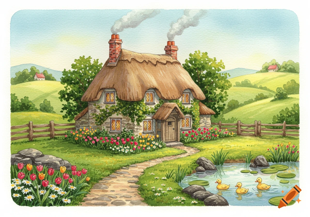 A whimsical watercolor painting of a cozy thatched-roof cottage with a colorful garden, stone path, pond with ducks, and green hills.