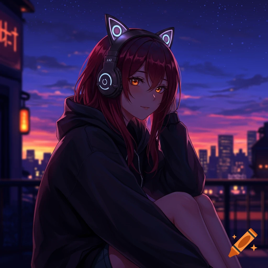 Anime girl with red hair, orange eyes, and cat-ear headphones on a balcony overlooking a city at sunset.