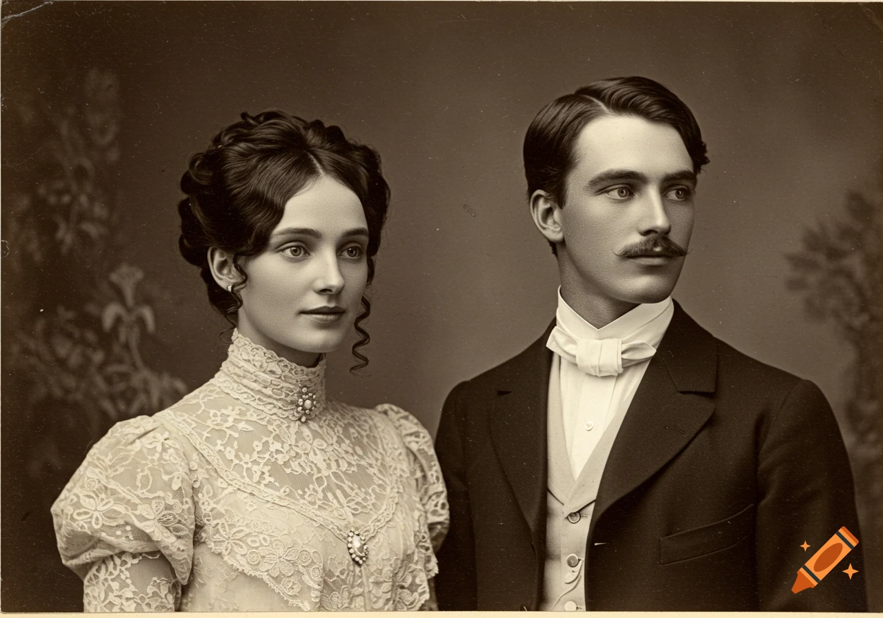 A sepia-toned cabinet card photograph of a young Victorian man and woman looking away.