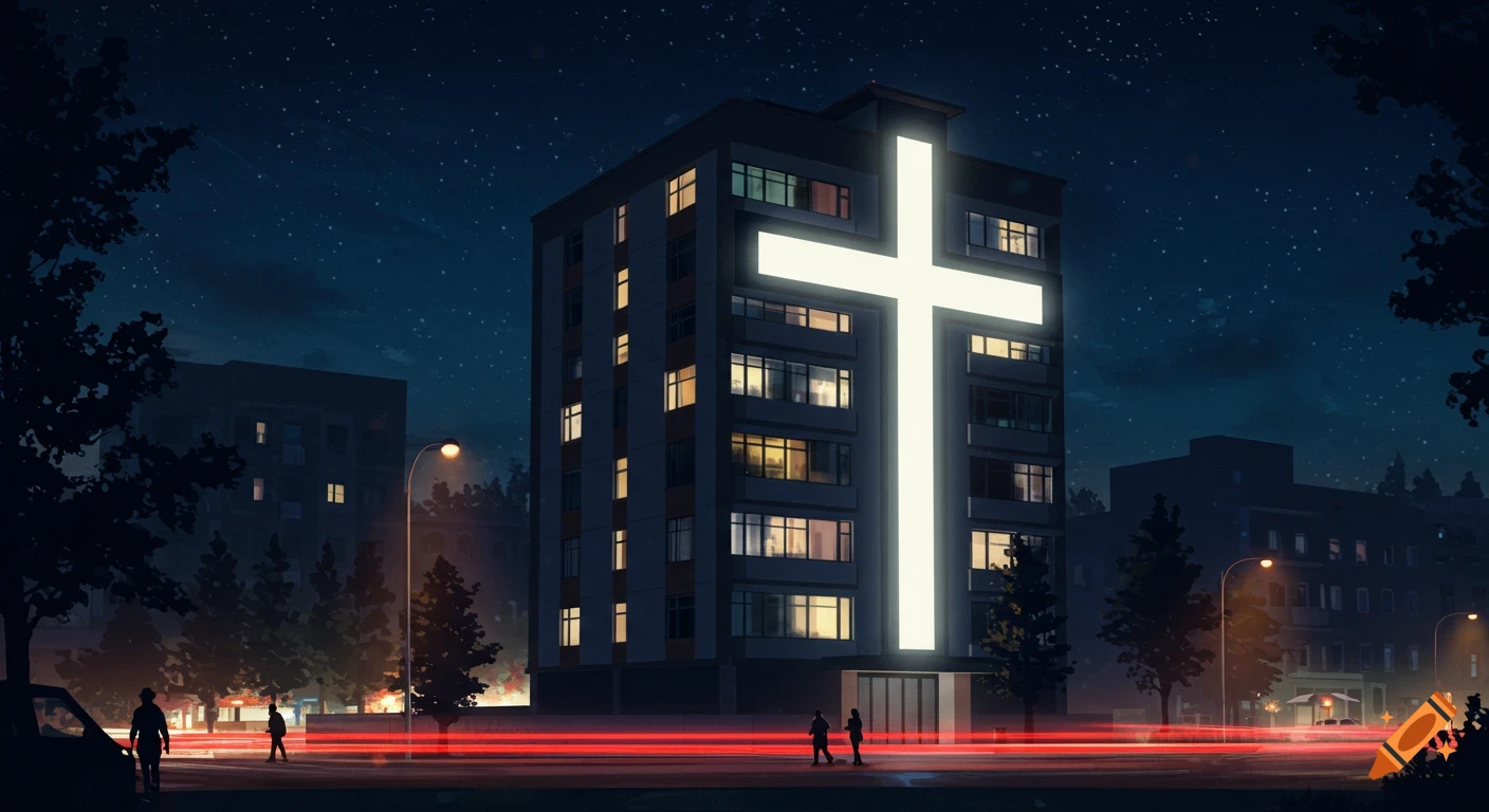 A tall building with a glowing white cross on its facade stands illuminated at night, with people and red light trails on the street below.