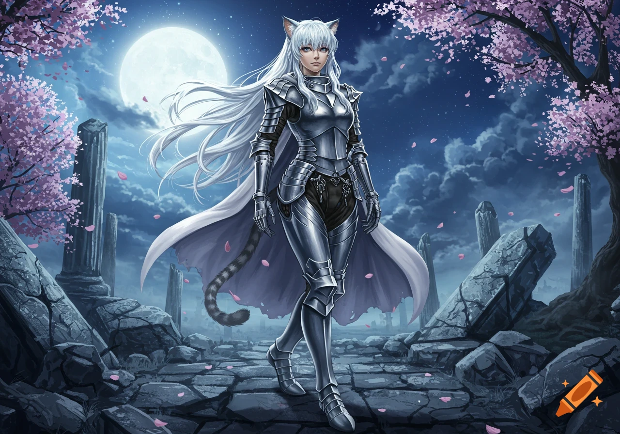 An anime catgirl in silver armor stands under a full moon amidst cherry blossoms and ancient ruins.